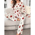Damen Schlafanzug-Set zweiteilig mit Herzmuster, Langarmshirt und passender weißer Hose - S / Weiß Rotes Herz