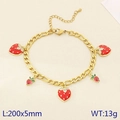 Gold-tone strawberry pendant Figaro chain bracelet with red enamel and crystals - Figaro Chain Five Strawberry Charms Style(KB203070-Z)