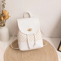 White mini backpack in premium leather with beige geometric chain pattern and gold buckle - White