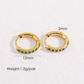 Detail of 12mm gold-plated huggie earrings with green zircon inlays and dimensions - 12mm Green Zirconia