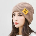Light brown knit beanie with yellow letter patch detail for men and women - Deep Beige