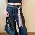 Detail of leather belt and red-white printed scarf chain on high-waist jeans - Coffee Leather Print Waist Belt