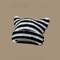 Knitted cat ear beanie featuring classic black and white horizontal stripes in soft wool - One Size / Black & White Stripe