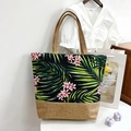 Floral print jute tote bag featuring tropical palm leaf patterns and large capacity - Yellow Pink Fine Leaf