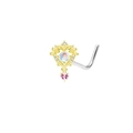 L-shaped gold nose stud featuring an opal center and a dangling pink heart gemstone - Gold Heart Moonstone Nose Stud (#19)