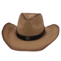 Classic straw western cowboy hat with wide brim and vintage metal bull head logo detail - Bull Head Badge Solid Color Style / One Size(56-58cm) / Camel (With Wind Rope)
