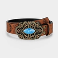 Detail of vintage brown embossed leather belt with ornate bronze buckle and blue gemstone - Turquoise Style