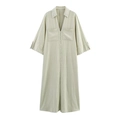 Sage green linen shirt dress with V-neck, button-down front and dual chest pockets - XS / Light Green