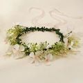 Detailed view of white floral wreath crown with pink stamens and adjustable ribbons - White HS-J7315WHITE