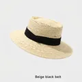 Chapeau canotier français en paille beige avec ruban noir élégant pour femme - Réglable (54-58cm) / Beige Ruban Noir (1687)