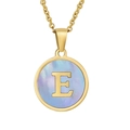 18K gold stainless steel necklace with round blue shell pendant featuring letter E - Gold Letter E (With Chain)