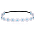 Detail of white embroidered daisy flowers with blue centers on a soft elastic baby headband - Blue