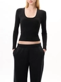 Detail shot of black slim-fit U-neck knitted long sleeve top with matching trousers - XS / Black