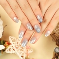 Winter press-on nails featuring white snowflake and snowman designs on grey gradient base - Grey Gradient Snowflake Snowman (JP2700)