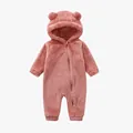 Pink hooded baby romper in plush coral fleece with cute bear ears and front zipper - Pink / 66cm