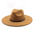 Detail of brown faux suede fedora with black leather band and silver metal buckle detail - M (56-59cm) / Khaki Suede
