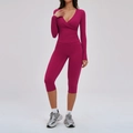 Three-piece yoga set in deep red featuring V-neck wrap top and high-waist cropped leggings - S / Top And Bottom / Raspberry Red
