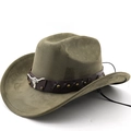 Olive green suede western cowboy hat featuring a silver bull head and metal studs - M (56-58cm) / Army Green