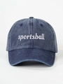 Detail of white sportsball embroidery on navy washed denim vintage baseball cap - Adjustable / Navy Blue