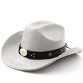 Detail of light gray felt cowboy hat with black leather band and golden bull emblem - M (56-58cm) / Light Gray