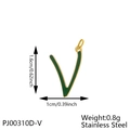 Detail view of a V-shaped green enamel pendant with size measurements in centimeters - Letter V-Green