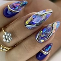 Navy blue almond press-on nails with glitter, gold foil accents, and artistic white swirls - Deep Blue Purple Rhinestone Gold Foil Style (AW191)