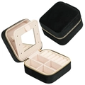 Portable black leather jewelry box for rings and earrings with velvet interior - Zipper Style / Velvet Black
