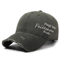 Casquette vintage en coton vert foncé délavé avec broderie latérale et bord usé - Vert Militaire