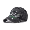 Detail of washed black denim baseball cap with white action graffiti and distressed edges - Adjustable / Black