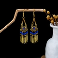 Vintage golden long drop earrings with blue beads and bohemian feather pendants - Gold Blue Feather Tassel(E5987-1)