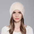 Cream knit rabbit fur beanie for women featuring elegant pearl accents and warm texture - Beige