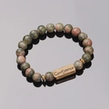 Natural green and pink stone beaded bracelet with gold Confidence engraved metal bar - Unakite-Confidence