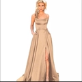 Elegant champagne gold satin evening dress with spaghetti straps and high slit design - US size 12 (L) / Top And Bottom / Champagne