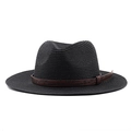 Close-up of black straw sun hat with embossed floral pattern on brown leather band - M (56-58cm) / Black