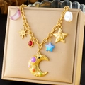 Gold multi-element necklace with colorful moon, sun and star pendants on a display stand - Colorful Multi-Element Charm Style (N3321)