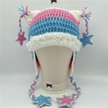 Handmade knit cat ear hat with pink white blue stripes and star charms - Blue & Pink