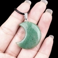 Green aventurine crescent moon pendant with silver metal clasp and black cord necklace - 30mm Green Aventurine
