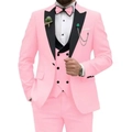 Men's slim fit three-piece suit in vibrant pink with black peak lapels and matching bowtie - Pink