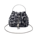 Plüsch-Beuteltasche mit Leopardenmuster, silbernem Ringgriff und Kette für modische Damen - Schwarz