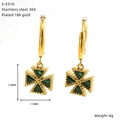 Detail view of 18k gold plated stainless steel hoop earrings with green cross charms - Green (Green Zirconia)