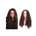 Detail view of brown highlights long curly wig with lace front on model and mannequin - Brown Highlight