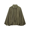 Olivgrüne Satin Bomberjacke mit Reißverschluss und plissierten Laternenärmeln - S / Olivgrün