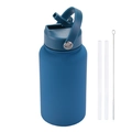 Matte blue 650ml insulated water bottle with folding straw, carrying handle and brushes - Lake Blue
