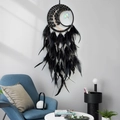 Handmade black moon dream catcher with tree of life and feathers for wall decor - Crystal Style / Black