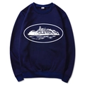 Felpa girocollo blu scuro per uomo con stampa grafica bianca sul petto in cotone - S / Blu navy
