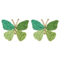 Handmade raffia butterfly drop earrings with green woven patterns and gold metal frames - Dark Light Green Patchwork Woven Butterfly Earrings