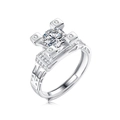Silver open ring with round-cut moissanite stone in a four-prong square setting - Adjustable Open / Geometric Hollow Style (R11164-6.5mm/1 Carat)