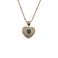 Elegant gold heart pendant necklace with green gemstone and beaded chain on white background - Green Center Gemstone Diamond Heart + 40CM Bead Chain
