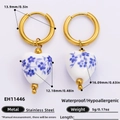 Pendientes de corazón en porcelana azul con aros de acero inoxidable oro 18k - Pendientes con Colgante de Corazón de Porcelana Azul y Blanca(EH11446)