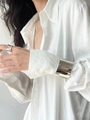 Polished silver wide open cuff bracelet and hammered ring set on female model - Bangle Ring Set (Z-719) / Silver